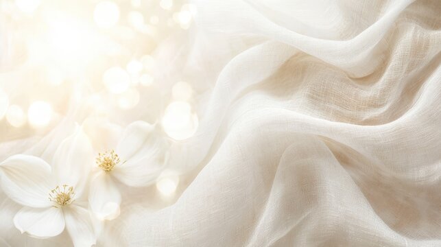 Soft white fabric drapes with delicate floral accents and soft bokeh light creating an elegant and ethereal texture