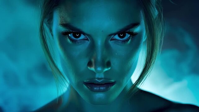 confident looking young woman staring at the camera, beatiful model holding eye contact, close up of face, signal