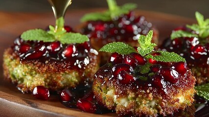 Golden honey elegantly drizzled on delicious fried halloumi bites topped with juicy pomegranate seeds and fresh mint for a gourmet culinary experience