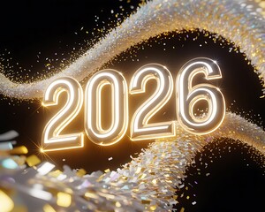 Radiant golden year 2026 illuminated amidst a swirling cascade of glittering confetti and sparkles on a dark background