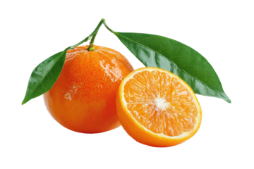 Fresh citrus fruit, whole and halved, with leaves