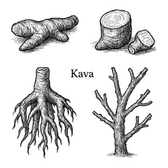 Kava Plant, Roots, Leaves, and Stems in Vintage Botanical Engraving Style, Transparent Background