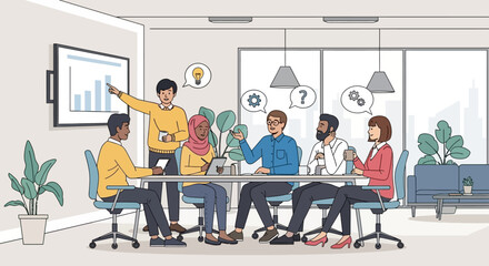 Diverse professionals collaborating in a meeting, brainstorming, and reviewing charts for business