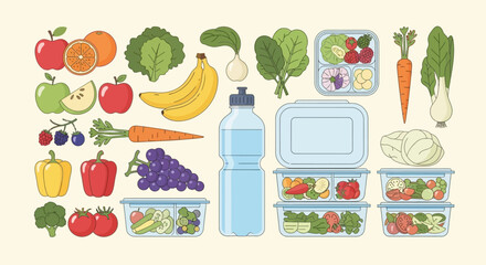 Colorful assortment of fresh fruits vegetables and water bottle with packed lunch boxes concept