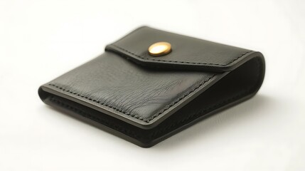 Sleek black leather compact wallet with elegant brass snap closure, ideal for minimalist daily essentials