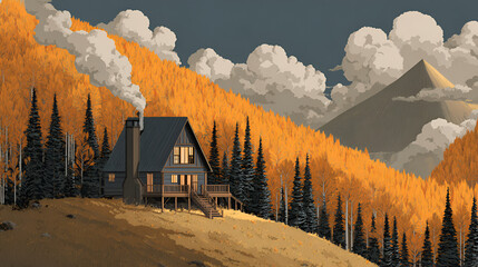 Cozy a frame cabin nestled in a vibrant autumn forest with misty mountains