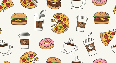 Fun and quirky fast food themed pattern featuring pizza burgers donuts and coffee cups for