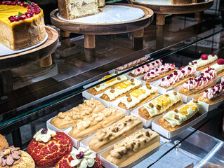 gourmet pastries and cheesecake in bakery display case for sale