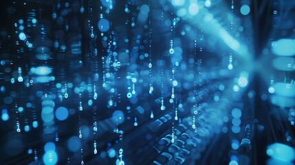 &ldquo;Futuristic rain of technology with glowing binary 1s and 0s as falling droplets, cascading digital code in blue, navy, and white tones, symbolizing dynamic high-tech information flow.&rdquo;