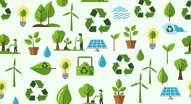 Seamless pattern with environmental icons representing sustainability and green energy initiatives