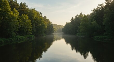 Serene river flows between dense, sunlit forest banks during early morning mist