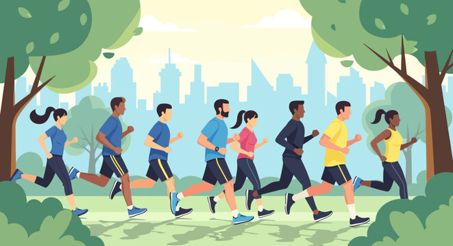 Group of Diverse People Running in the Park for Health and Fitness Illustration