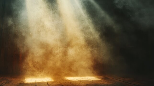 Sunlit dust motes dance in bright shafts of light illuminating a warm wooden floor