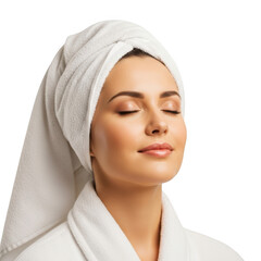 Woman with towel on head and robe isolated on transparent background
