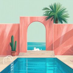 Minimalist poolside scene with ocean view and white cat