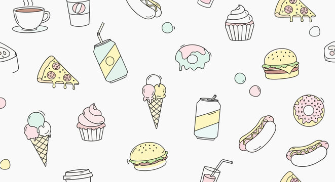 Seamless pattern with hand-drawn food and drink elements offering a playful design and trendy