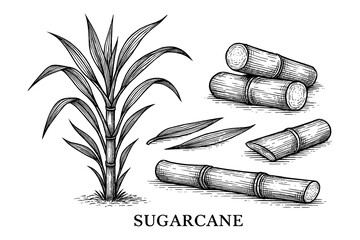 Sugarcane Stalks, Leaves, and Cross-Section in Vintage Botanical Engraving Style, Transparent Background