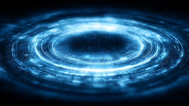 Circular digital gateway with concentric rings of data forming a tunnel effect, representing secure access point, system scanning interface and futuristic portal into virtual information.
