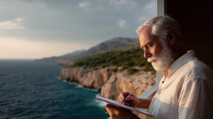 Elderly man with a white beard and mustache, standing on a balcony overlooking the ocean. he is holding a notebook and a pen in his hands and appears to be writing or taking notes.