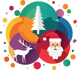 Vibrant Flat Vector Christmas Composition with Santa, Reindeer & Tree
