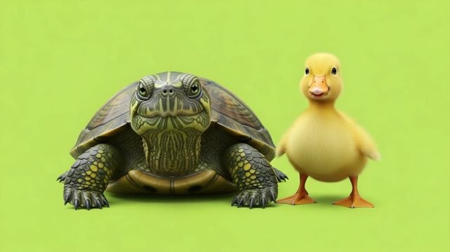A turtle and a duckling stand side by side on a greenscreen background.