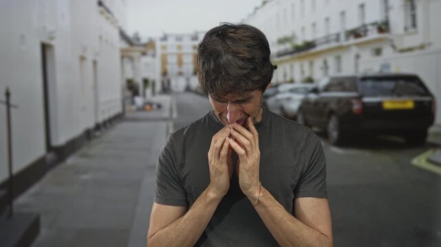 Young man in grey shirt standing with hands over face on empty street flanked by white townhouses; inner despair.