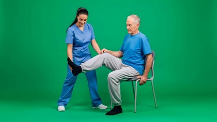 Woman physiotherapist assisting senior man with leg exercise while he?s on chair against green screen for chromakey, footage. - Powered by Adobe
