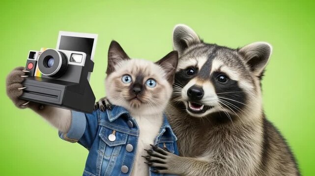 Raccoon and cat taking selfie with camera on greenscreen background.