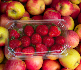 Freshly Packaged Red Strawberries with Assorted Fruits in Background

Fresh, ripe red strawberries packaged in a container with apples, bananas, and watermelon in the background at a vibrant market 