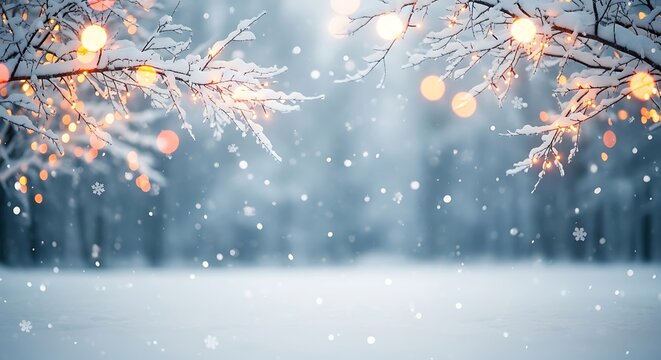 Illustration of snowy winter wonderland with twinkling lights on branches in a forest scene - Powered by Adobe