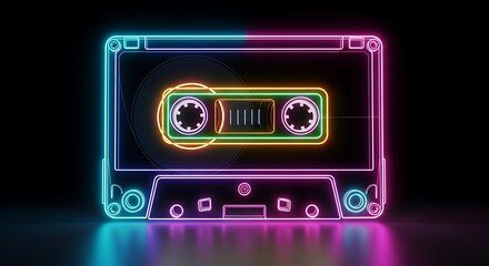 Obraz premium Illustration of retro audio cassette with neon glowing outlines on a dark background
