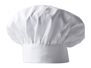 A classic white chef's hat, or toque, isolated on transparent background. The traditional design is ideal for representing professional cooking, culinary arts, or restaurant themes