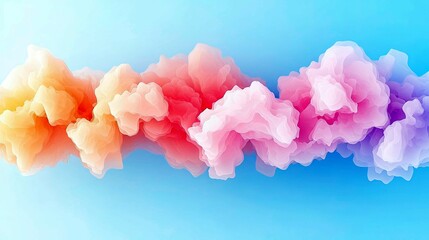 A horizontal abstract formation of soft, cloud-like shapes with a gradient of colors from orange and yellow to pink and purple against a solid blue background.