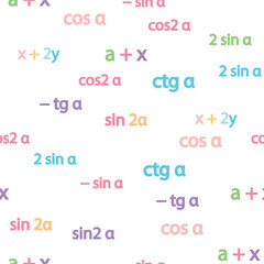 Seamless pattern with mathematical formulas and numbers. Algebra and geometry, calculations tangent, cotangent, sine, cosine