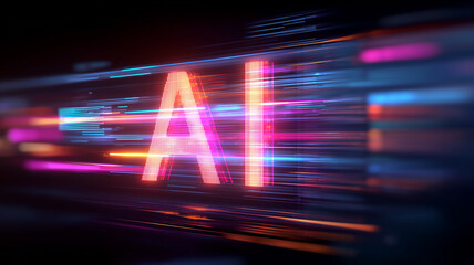 Dynamic artificial intelligence title with fast digital trails illustrating cutting edge algorithms, innovation speed and the acceleration of data driven transformation across industries.
