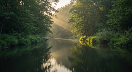 Obraz premium Sunlight streams through dense forest canopy onto calm river water in the early morning