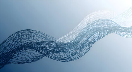 Dynamic blue and white wireframe mesh forming an undulating wave pattern on a smooth gradient backgroun
