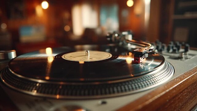 Vintage record player spinning classic vinyl, capturing nostalgic vibes with warm ambient light in a cozy room, evoking music's timeless appeal