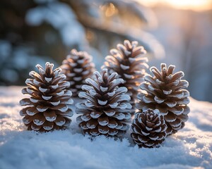 A cluster of frosted pinecones resting on a blanket of fresh snow illuminated by soft warm sunlight in a serene winter forest setting