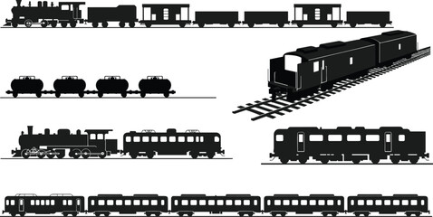 Train and railway silhouette set, locomotives, cargo wagons, passenger coaches, transportation icons for travel, logistics, industry, freight, and rail infrastructure © Julfikar