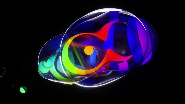 3d render of abstract art of surreal object based on meta round balls spheres glass drops water liquid in rainbow neon gradient light color in transition deformation process on black background