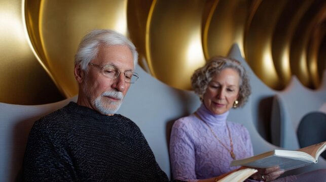 Elderly couple sitting on a couch and reading a book together. the man is on the left side of the image, wearing a black sweater and glasses, and has a white beard and mustache.