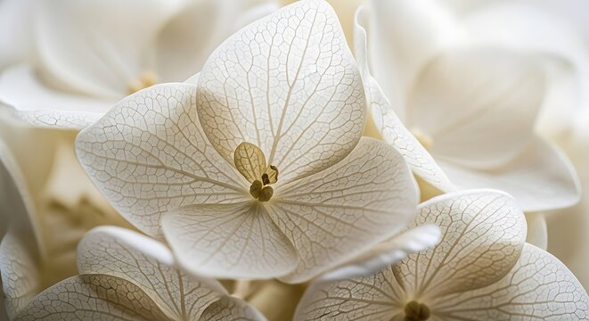 Illustration of closeup of a beautiful dried hydrangea flower in soft neutral tones