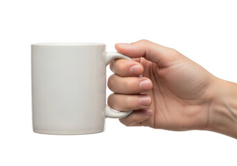 A human hand firmly grasps a plain white ceramic mug with a comfortable handle showcasing a simple beverage container isolated on transparent background