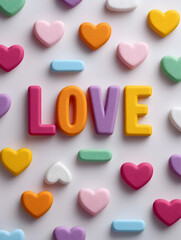 Fototapeta premium Groovy Retro Repeat, valentine: Colorful candy hearts spread around spell love, gives feeling of sweet tenderness and joyful affection for that special day