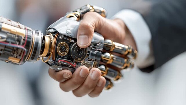 Robot and human shake hands at a technology fair, showcasing trust and cooperation in artificial intelligence