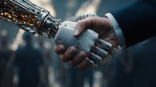 AI robot and human shake hands to build trust in technology relationships during a conference on innovation and ethics in AI