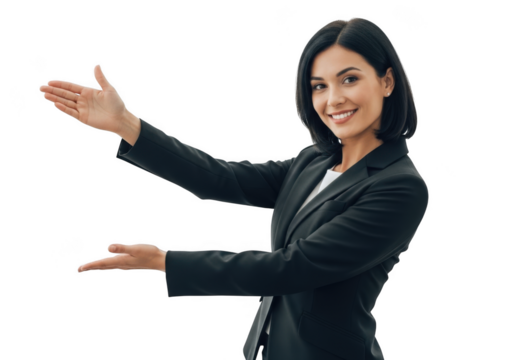 Professional young woman in a dark suit gesturing with both hands towards an unseen area isolated on transparent background