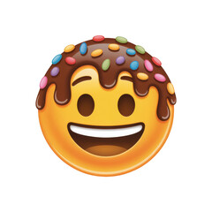 Fototapeta premium Yellow emoji face with melting chocolate and colorful sprinkles transparent background happy smiling
