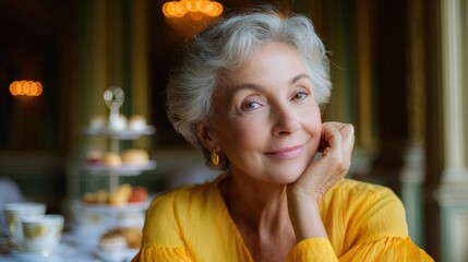 Portrait of an elderly woman sitting at a table in a restaurant. she is wearing a yellow blouse and has short, white hair that is styled in an updo.